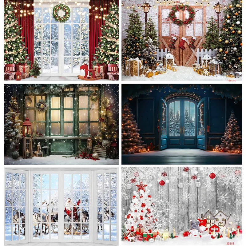 

SHUOZHIKE Christmas Tree Window Candy Photography Backdrop Wooden Doors Snowman Cinema Pine New Year Background Prop LPR-30