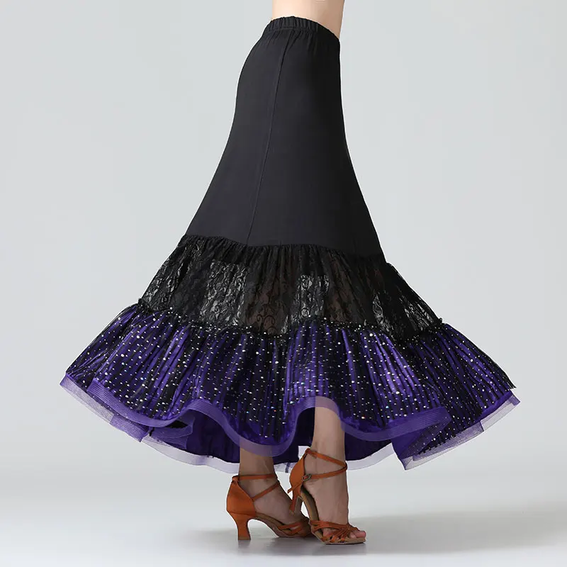 

Lace Swing Dance Skirt Sequins Ballroom Skirt Women Modern Dance Skirt National Standard Competition Dancing Waltz Costumes
