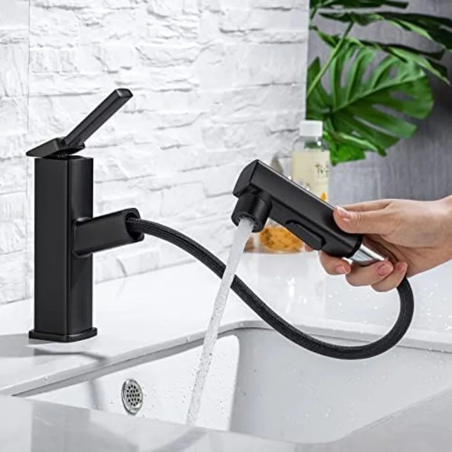 HANLIAN Single Hole Pull Out Faucet for Bathroom Sink Black Sink Faucet Bathroom One Handle Modern Bathroom Faucet with Pull Do