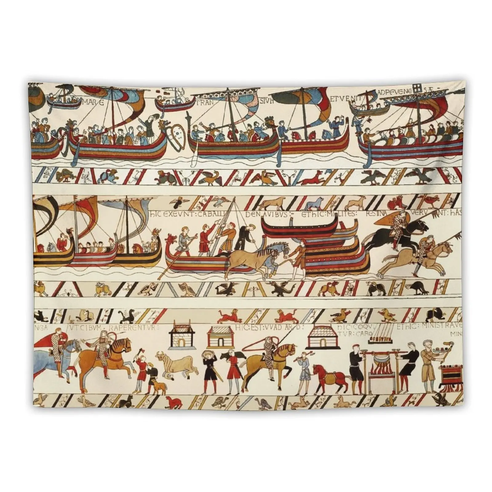 BAYEUX TAPESTRY ,BATTLE OF HASTINGS ,NORMAN KNIGHTS HORSEBACK AND VIKING SHIPS Tapestry Wall Mural Kawaii Room Decor Tapestry