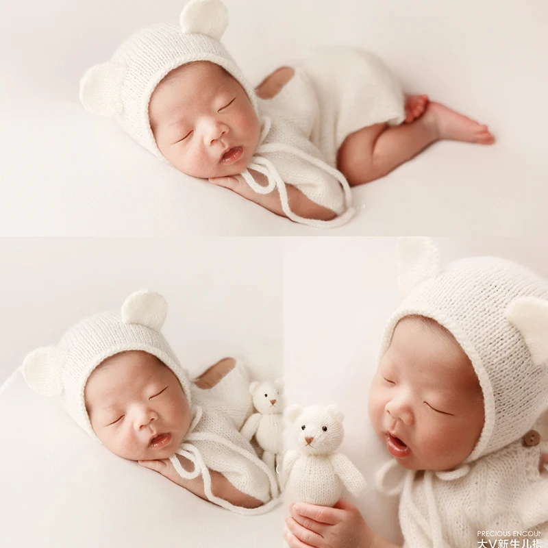 Abiti da orso neonato per la fotografia tuta lavorata a maglia orecchie da orso cappello fatto a mano in maglia bambola Studio servizio fotografico