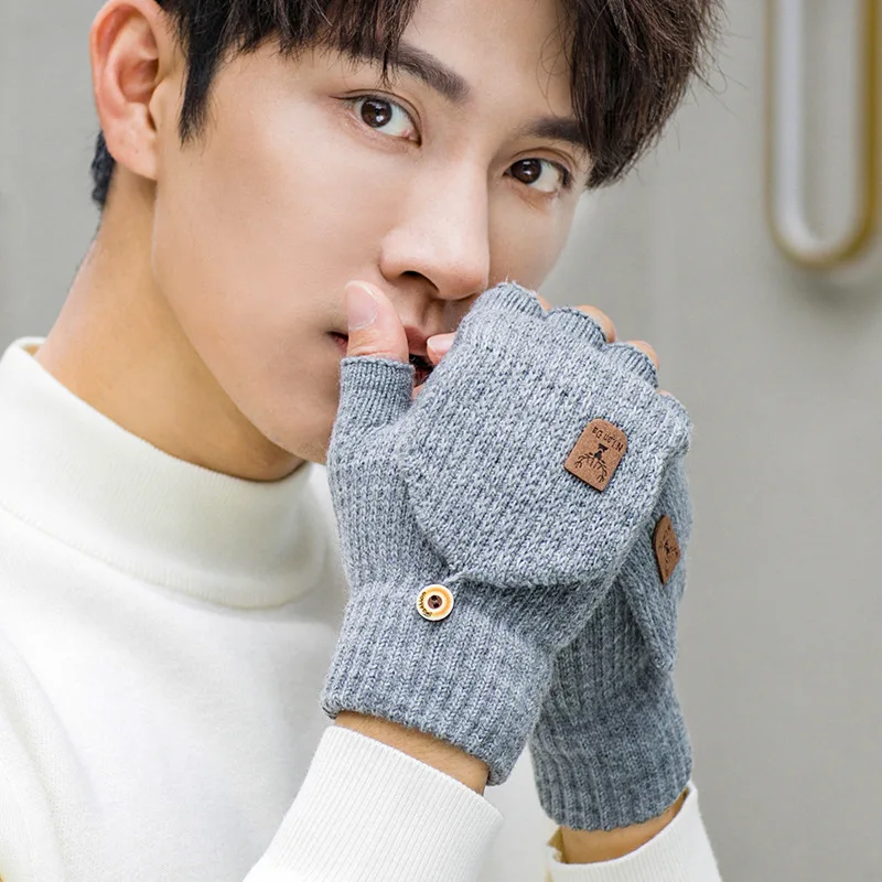 Men Autumn and Winter Half Finger Flip Up Gloves Knitted Wool Fingerless Student Writing Warm Office Korean Style Gloves