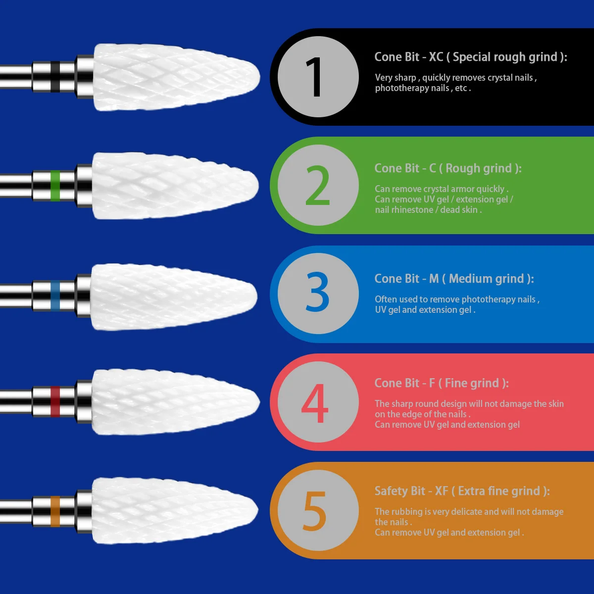 Kit-1/5 Uds. Brocas de cerámica para uñas con forma de paso de cabeza de maíz, herramientas de manicura y pedicura para taladro eléctrico, accesorios para máquina perforadora de uñas