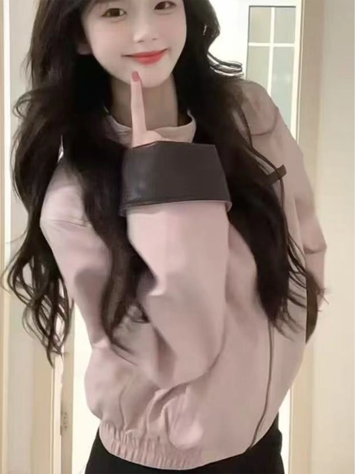 Giacca in pelle rosa da donna, casual, unica, stile coreano, per il tempo libero, con chiusura a cerniera lunga e maniche regolari