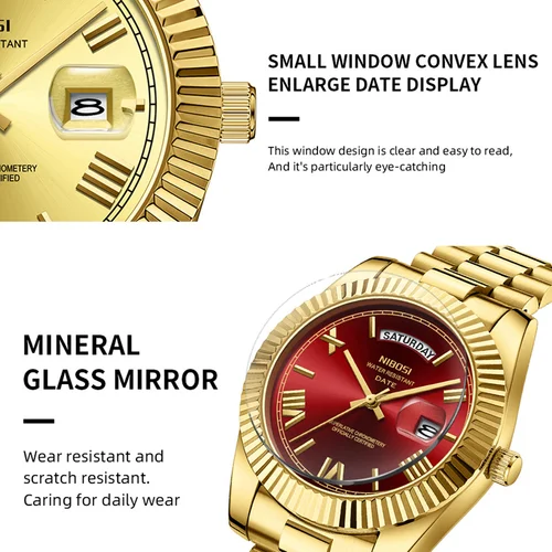 Imagen 2 del producto Marca NIBOSI, Reloj de cuarzo rojo dorado de lujo para Hombre, acero inoxidable, resistente al agua, luminoso, fecha, semana, relojes de moda para Hombre, Reloj para Hombre