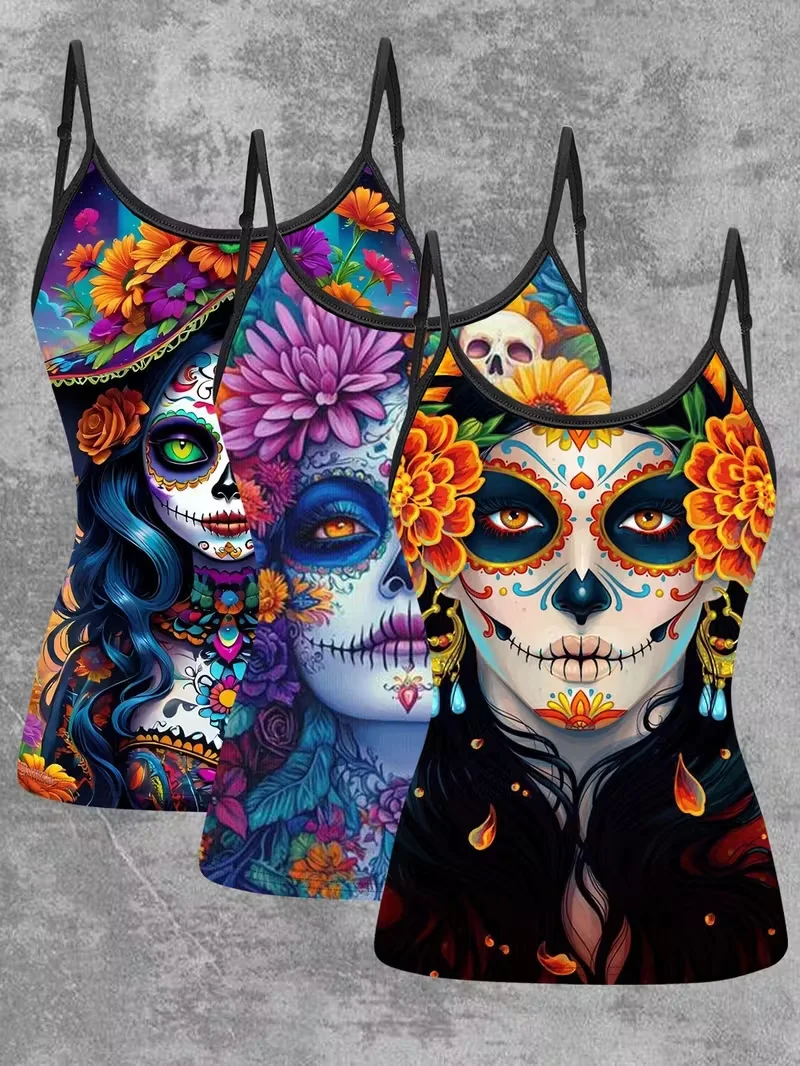 European and American Day of the Dead Sugar Skull Print Spaghetti Strap Camisole for Women, Mexican Flower of Death Summer Slim-Fit Sleeveless Top