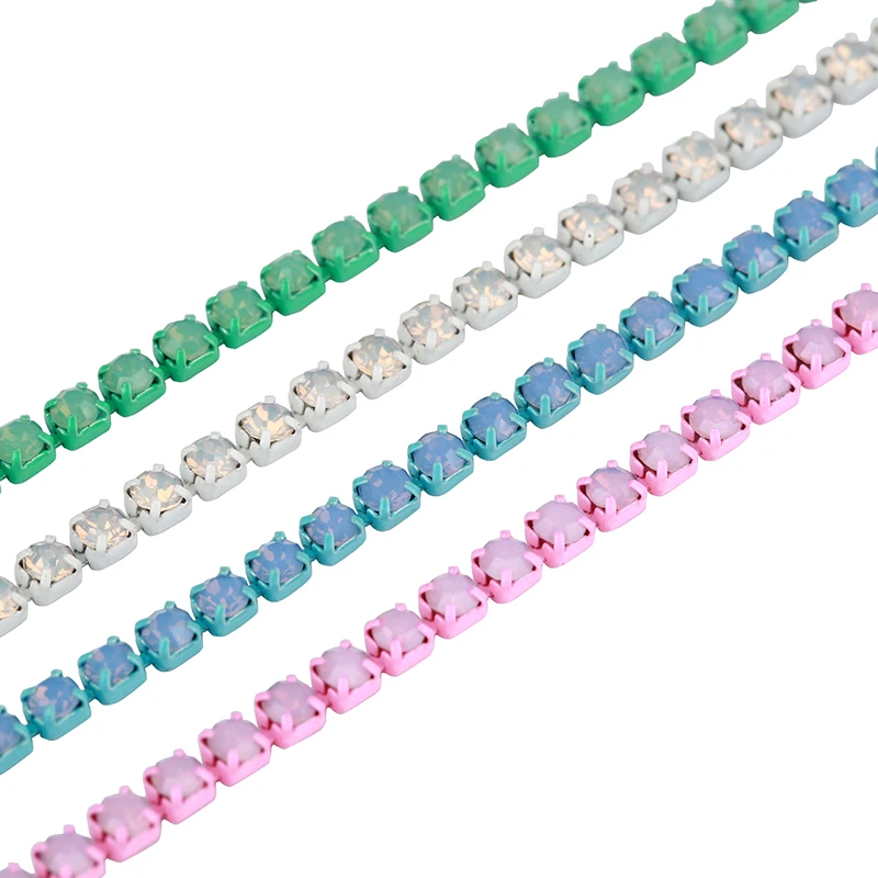 SS6 2mm 1 yard Pink /Green/Blue Opal Glass Rhinestone Cup Chain Glitter Crystal Rhinestone Trim For DIY Wedding Dress Decoration