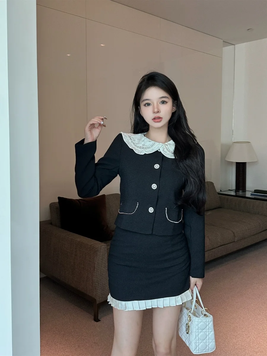 Plus Size Sweet Peter Pan Collar Coat Top for Women: Autumn Winter Curvy Girl Slimming A-line Skirt Elegant Set High Quality