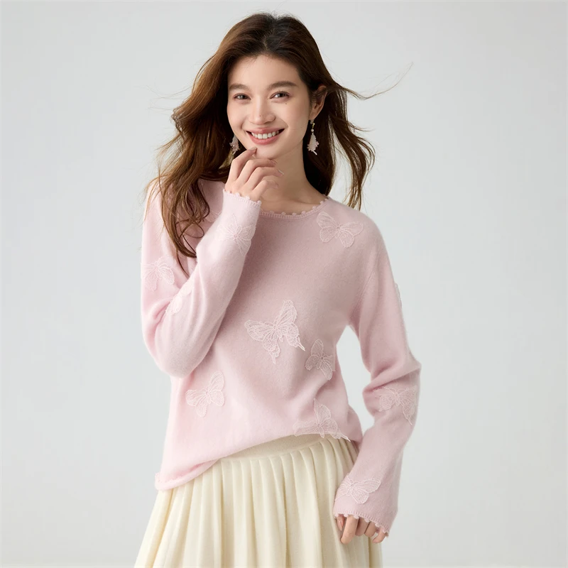 Autumn Winter New Product Butterfly Patch Lace Round Neck 100% Cashmere Sweater Women's Round Neck Knitted Pullover Loose Tops