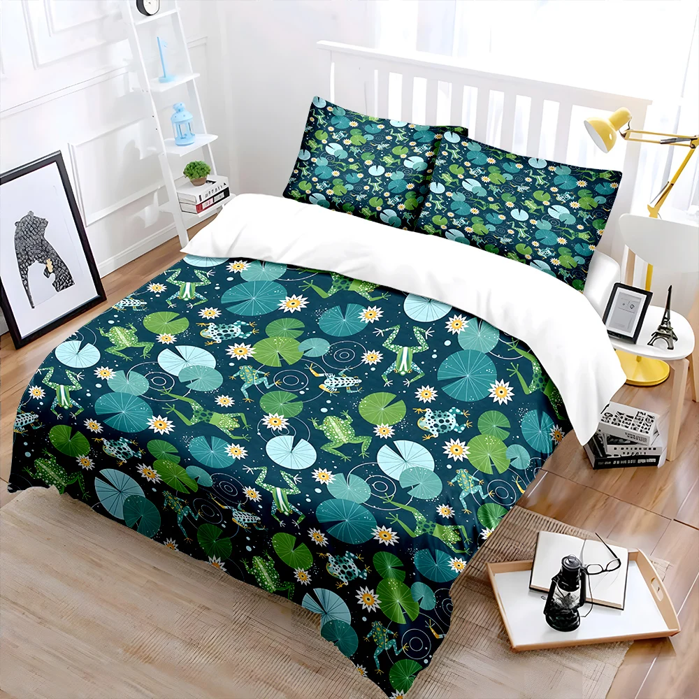 3pcs Frogs and Lily Pads Pattern Duvet Cover Set Digital Print Colorful Polyester Bedding with Zipper Closur for kids gifts