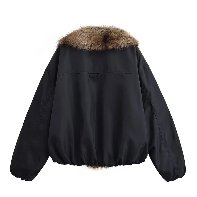 With Over sized Faux Fur Collar, Warm & Stylish Winter Outerwear, Trendy Short Puffer Coat Women's Black Bomber Jacket