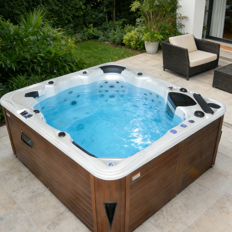 6 Person Outdoor Above Ground Hot Tub Spa with 87 Jets Control LED Chromotherapy & Wooden Skirt for Children
