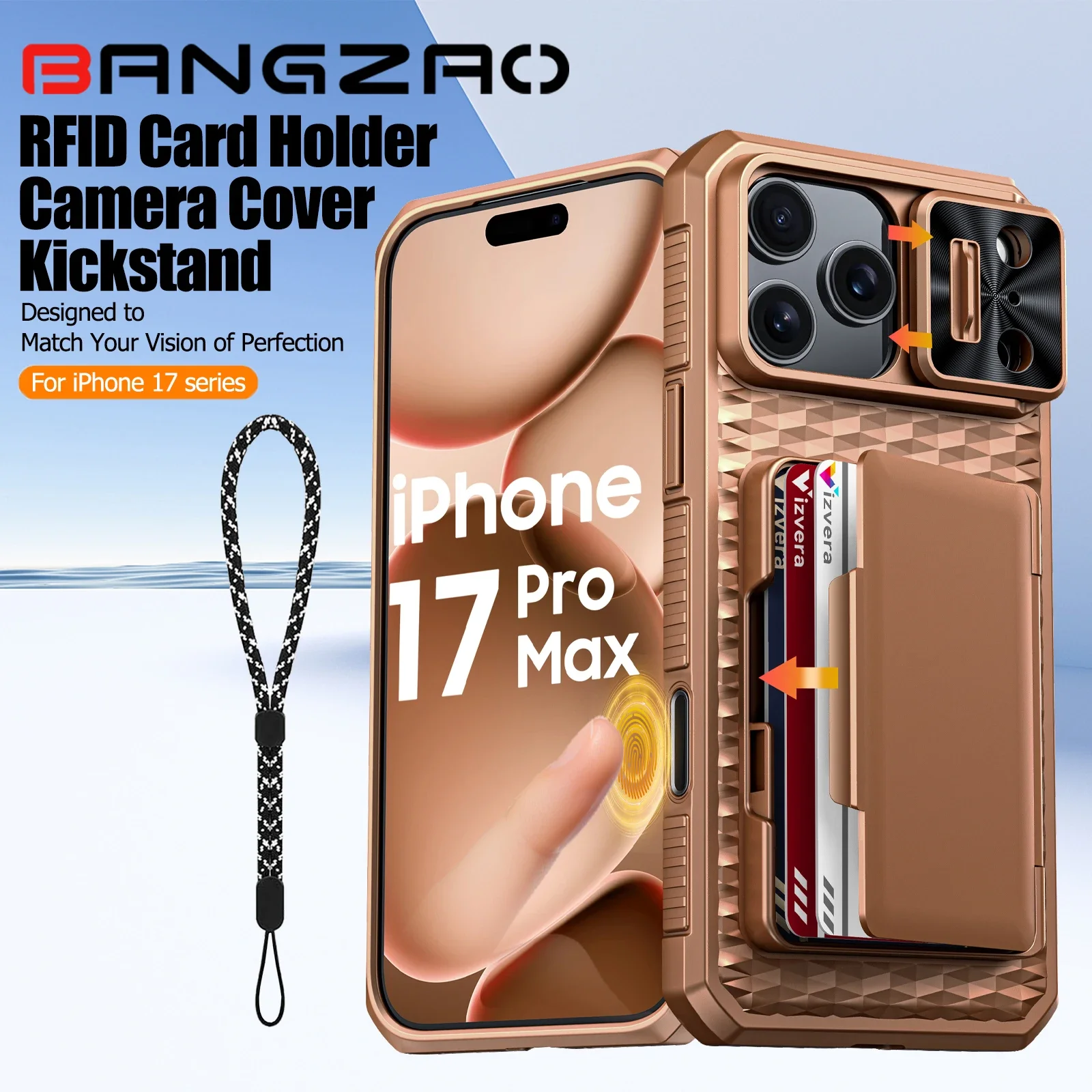 

С держателем для карт, раздвижной чехол для камеры и подставка для iPhone 17 Pro/17 Pro Max, чехол-кошелек с защитой от падения, ПК + ТПУ, золотой