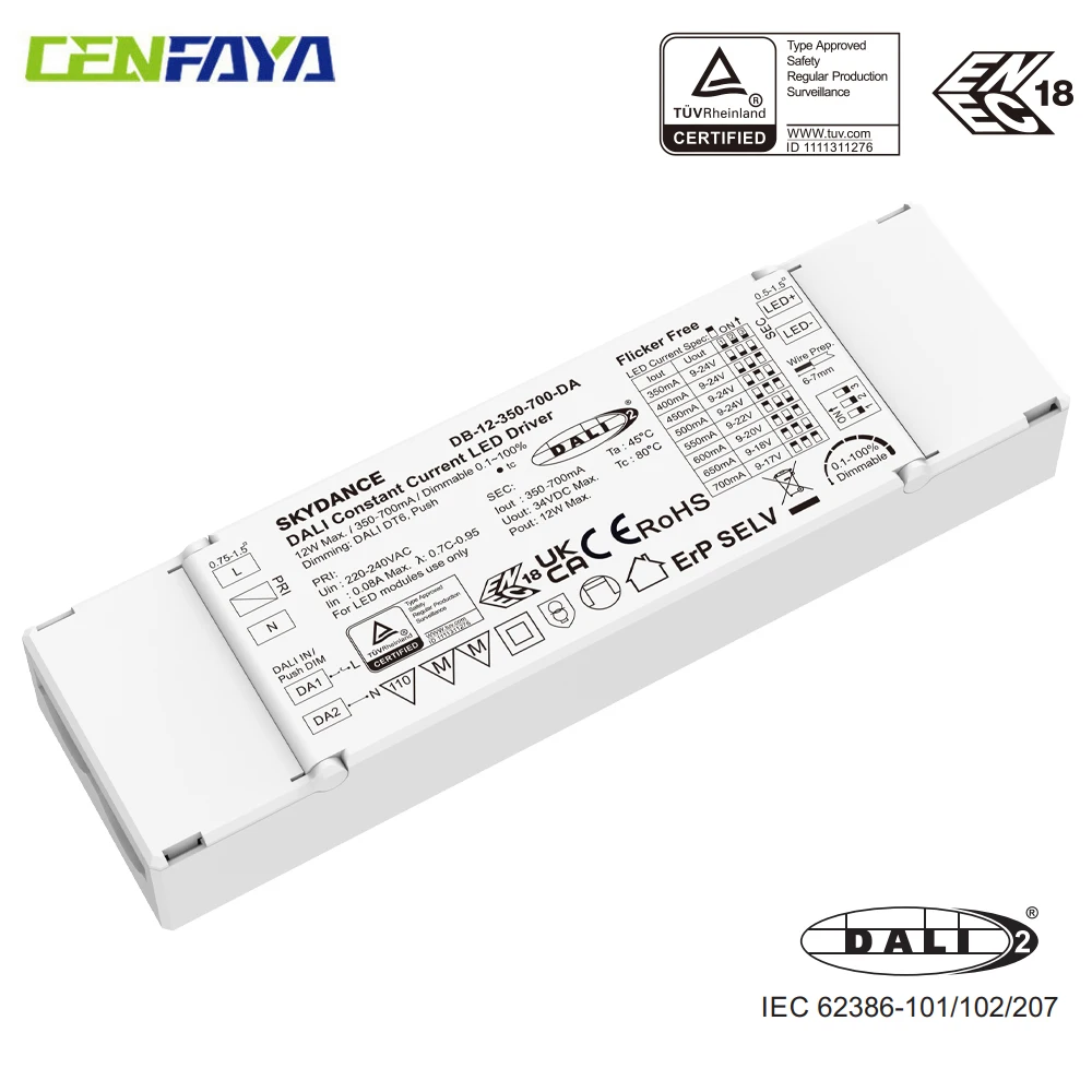 CENFAYA 12W 100-700mA DALI Dimmable LED Driver Push Switch Dimming Constant Current LED Power Supply Transformer DALI-2 UKCA