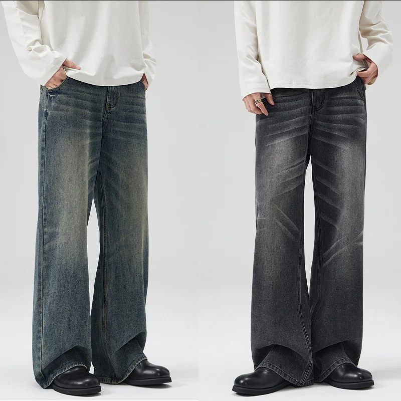 

3002 new elastic waist American fried black gray washed cat beard jeans for men loose all-matching straight A-line pants