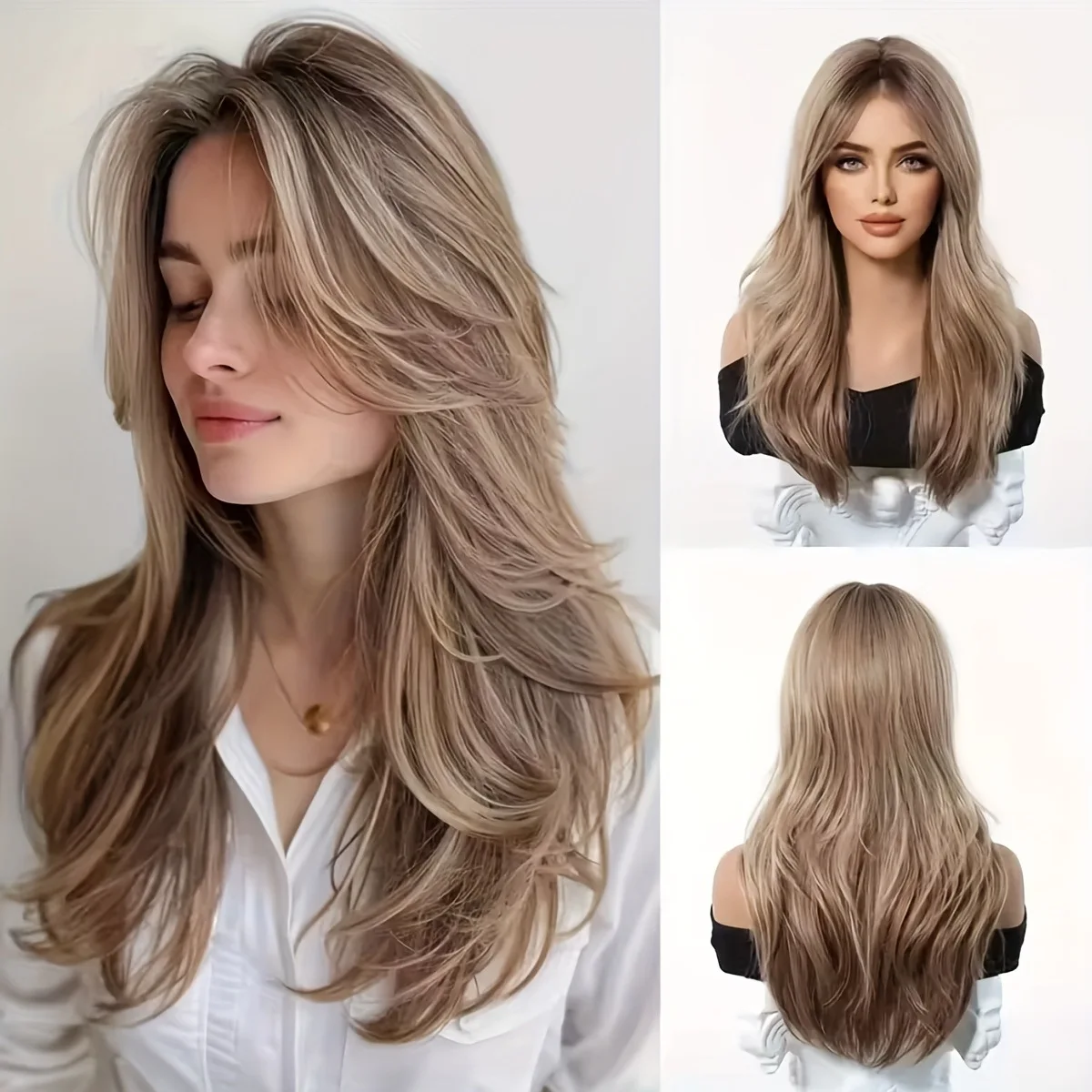 

Wig female medium long curly hair gray brown big waves layered whole wig full headgear