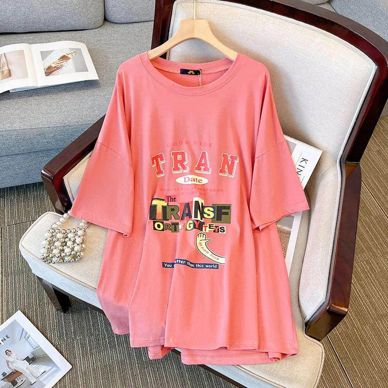 160Kg Plus Size Women's Bust 175 Summer Loose Round Neck Short Sleeve Letter Print Long T-shirt Green Pink 6XL 7XL 8XL 9XL 10XL