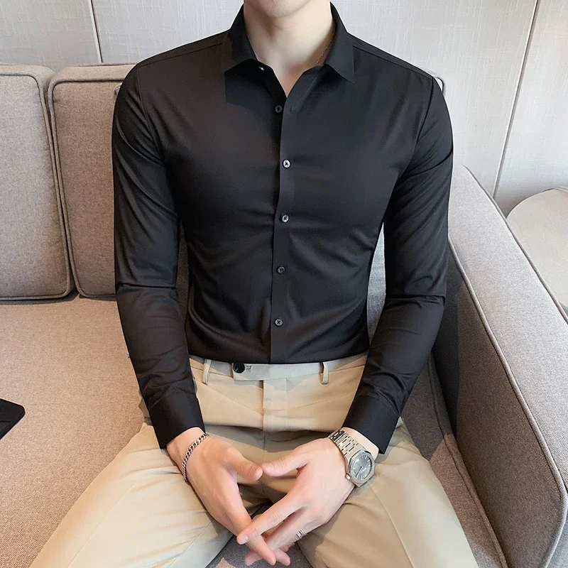 High-end Seamless Shirt Men\'s Long Sleeved Slim Fit Elastic Shirts Top Quality Luxury Business Social Formal Dress Shirts 4XL-M