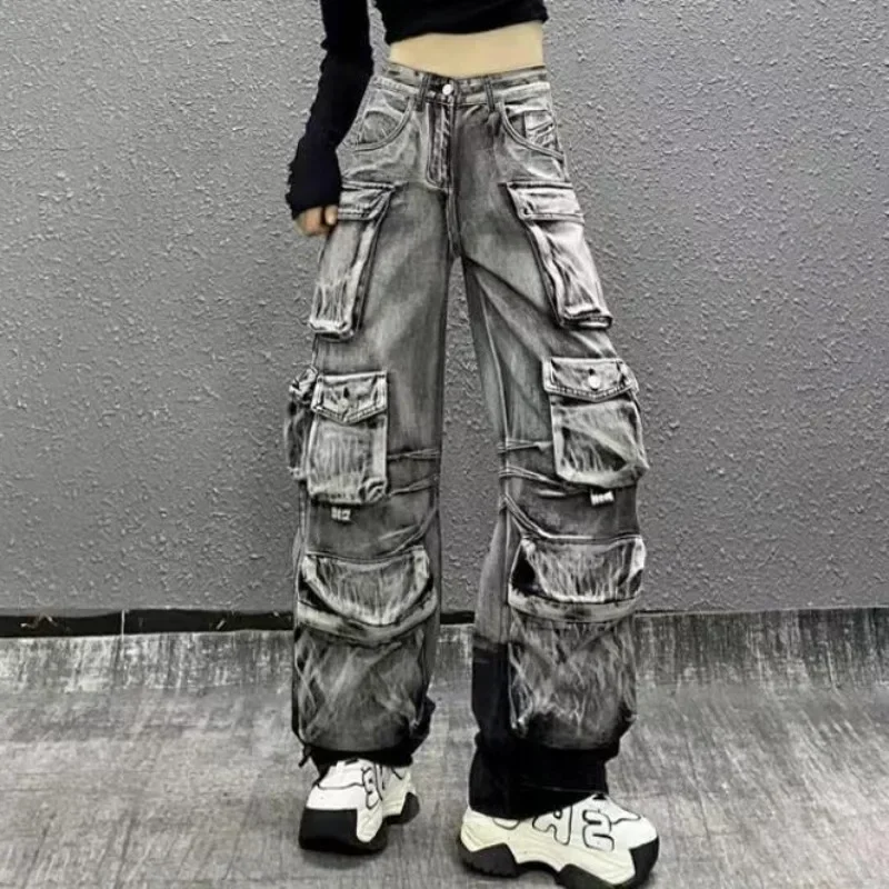 New Heavy Industry Multi-Pocket Washed Cargo Pants Women Y2K Vintage Streetwear High-Rise Loose Oversized Straight-Leg Jeans