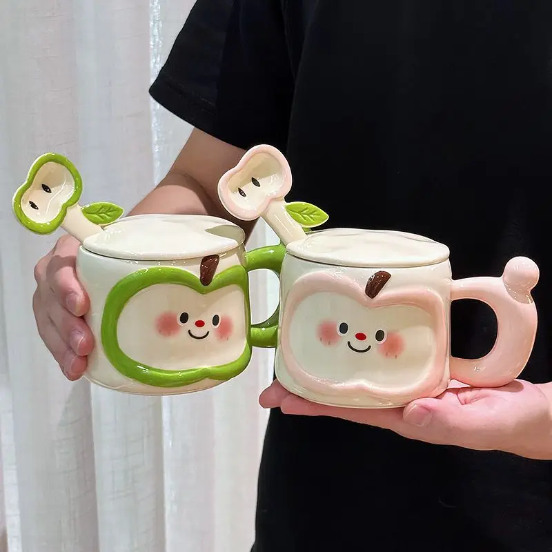 Apple Ceramic Cup Gift Box, 400ml Cute Cartoon Girl Water Cups with Spoon, High-value Coffee Cup with Handle for Girlfriends