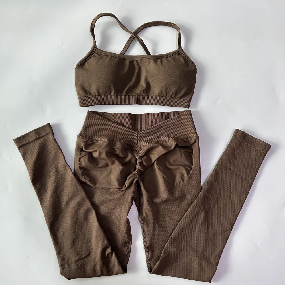 2-teiliges Gym-Set für Damen, Nahtlose Scrunch-Yoga-Leggings, Rückenfreier Sport-BH, Fitness-Workout-Top, Yoga-Set-Outfits – Detail 10