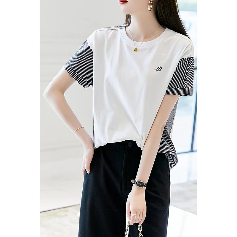 Fashion O-Neck Spliced Embroidery Striped T-Shirts Female Clothing 2024 Summer New Loose Casual Tops All-match Tee Shirt
