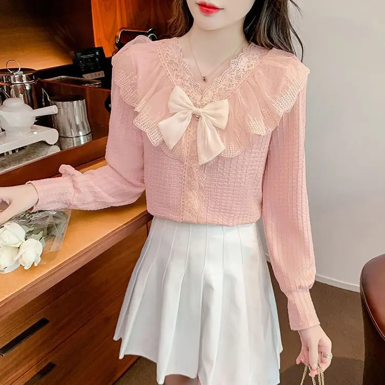 

Pink V-neck lace top for women fashionable ruffled chiffon shirt with bow stitching long-sleeved versatile shirt for autumn