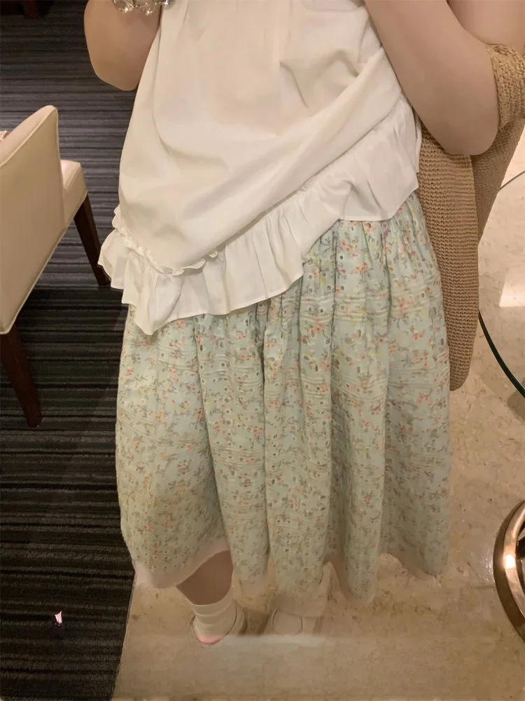 

TheDouerr Sweet Style Embroidered Floral Half Skirt Elastic Waist Color Block Loose Fit Women's Skirt Daily Wear Summer 2025