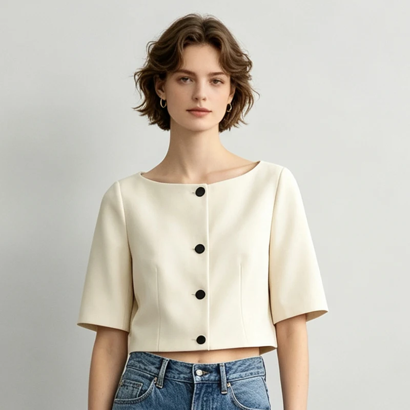 Women's Off-Shoulder Short Jacket - 3/4 Sleeve Cropped Blazer with Contrast Buttons, 2026 Summer