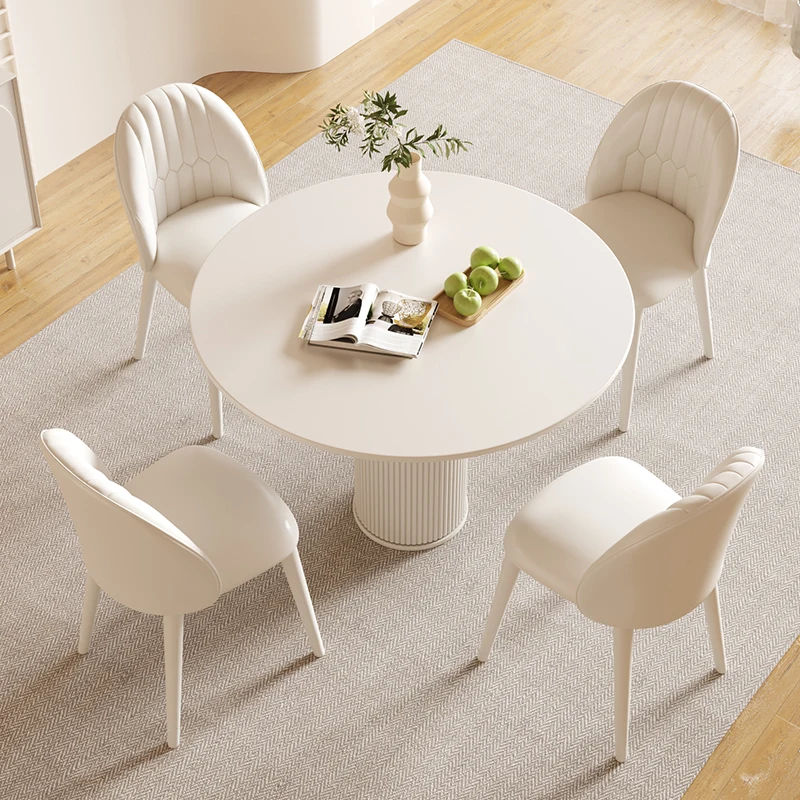 ！@Cream Style Stainless Steel Round Dining Table Set 4 Seater Chair Combination Modern Roman Column Design Small-Sized Home Use