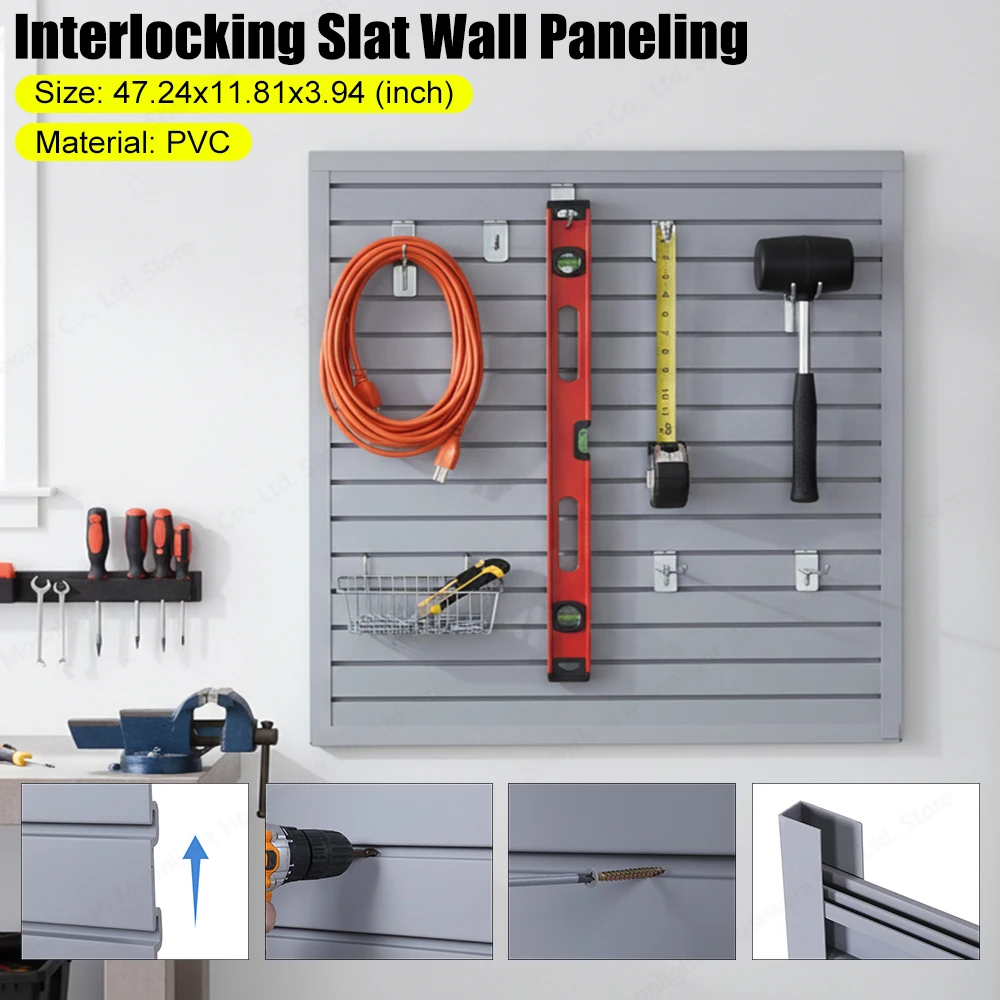 

4x1 FT PVC Interlocking Slat Wall Paneling Heavy Duty Wall Mounted Storage Rack for Garage Home Office Decor Storage & Organizer