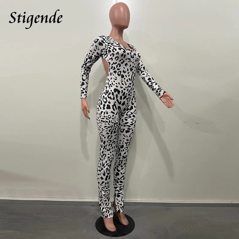 Stigende Women Sexy Backless Leopard Print Jumpsuit Bandage Skinny Cheetah Jumpsuit Stylish Bodycon Ruched Split Leg Pants