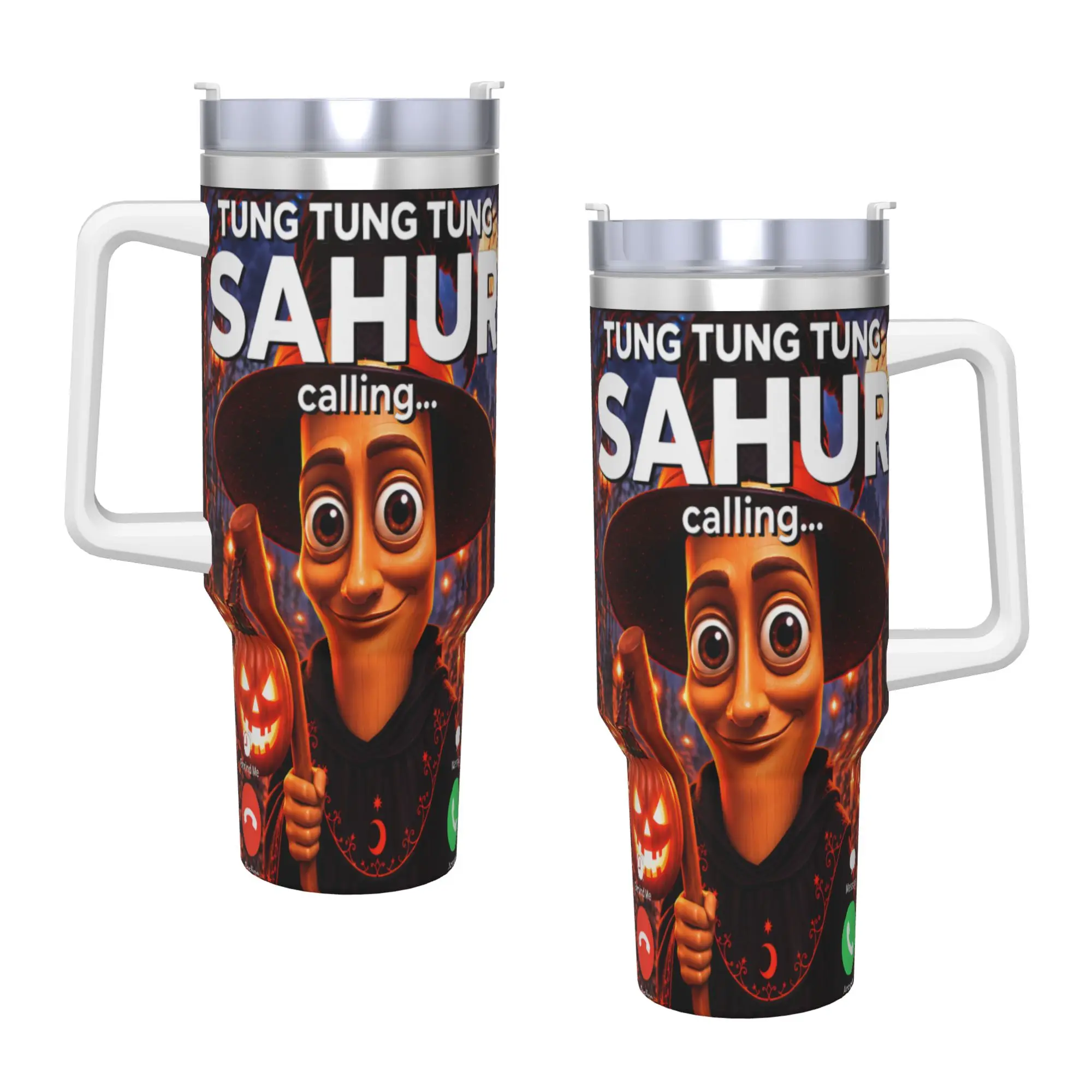 Tung Tung Tung Sahur Calling Halloween Funny Meme Brainrot Stainless Steel Tumbler  Beach Car Mugs 40oz Thermal Cups