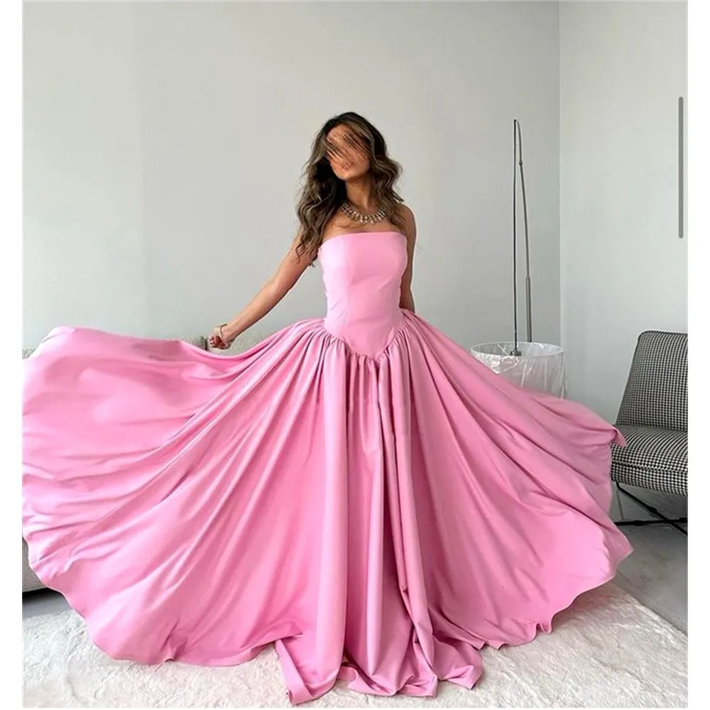 Merida Pink Strapless Formal Dresses A-Line Satin Floor-Length Sleeveless Elegant Party Dresses For Women 2023