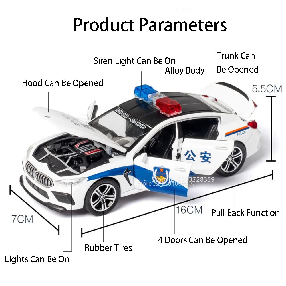 1:32 M8 M4 Police Car Toy Models Metal Diecast SWAT Cars Sound Light Doors Opened Pull Back Rubber Tires Boys Educational Toys