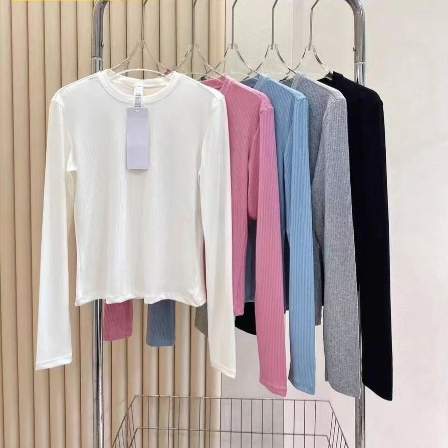 

Goddess Yoga Round Neck Long Sleeve T-Shirt Women's New Threaded Knitted High Elastic Bottom Slim Skinny Casual Sports Top