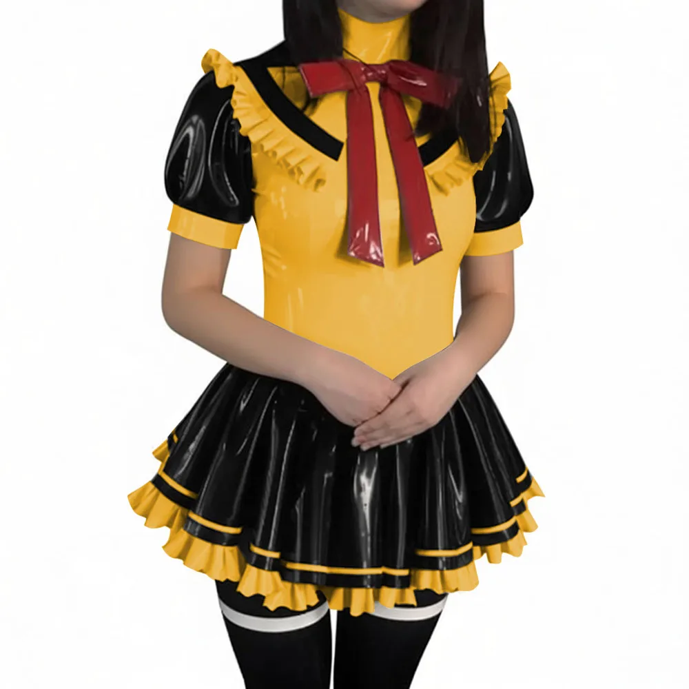 Latex-look PVC Short-Sleeve Sailor Collar Mini Dress Sissy Sweet Navy Style Short Pleated Dress Halloween Party Cosplay Outfits view 3