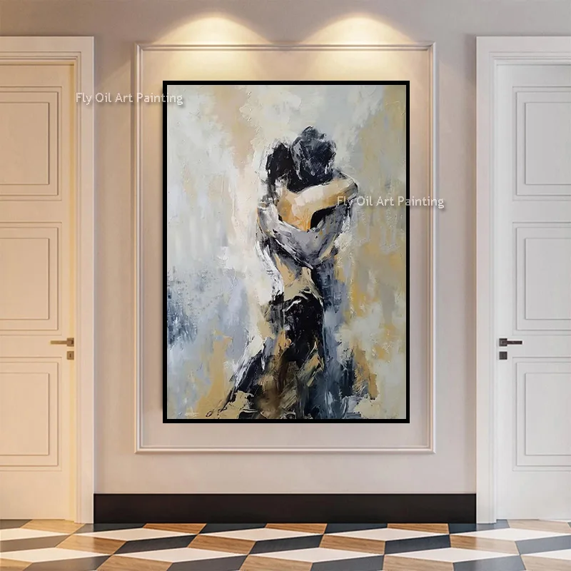 Large Vertical Textured Oil Painting Handmade Abstract Embracing Couple Artwork Romantic Figure Canvas Painting for Wall Decor