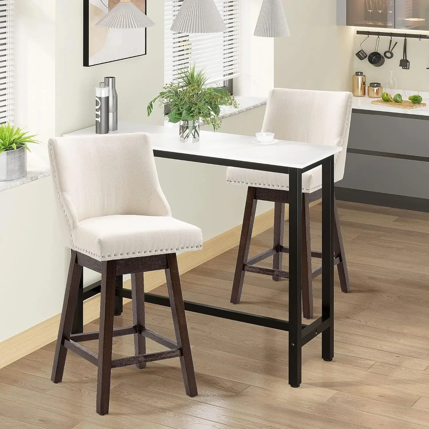 Height Bar Stools Set of 2, Armless PU Leather Upholstered Barstools Chairs with Nailhead Trim and Wood Legs, Cream White