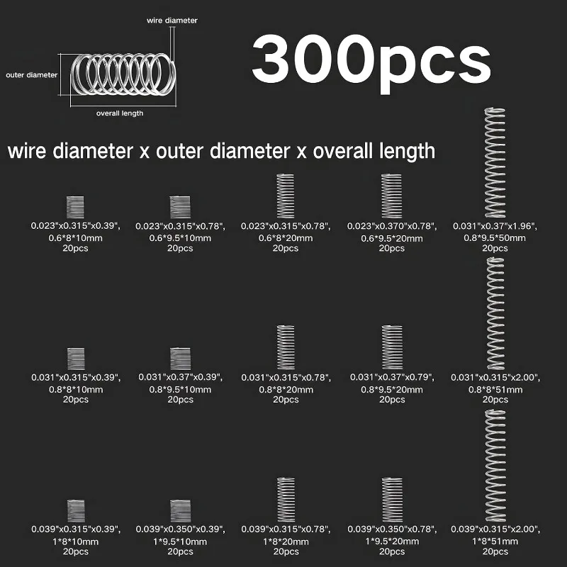 300Pcs Small Compression Spring Assortment Kit Stainless Steel 15 Size Length (0.39-2inch/10mm-50mm) OD(8-9.5mm)