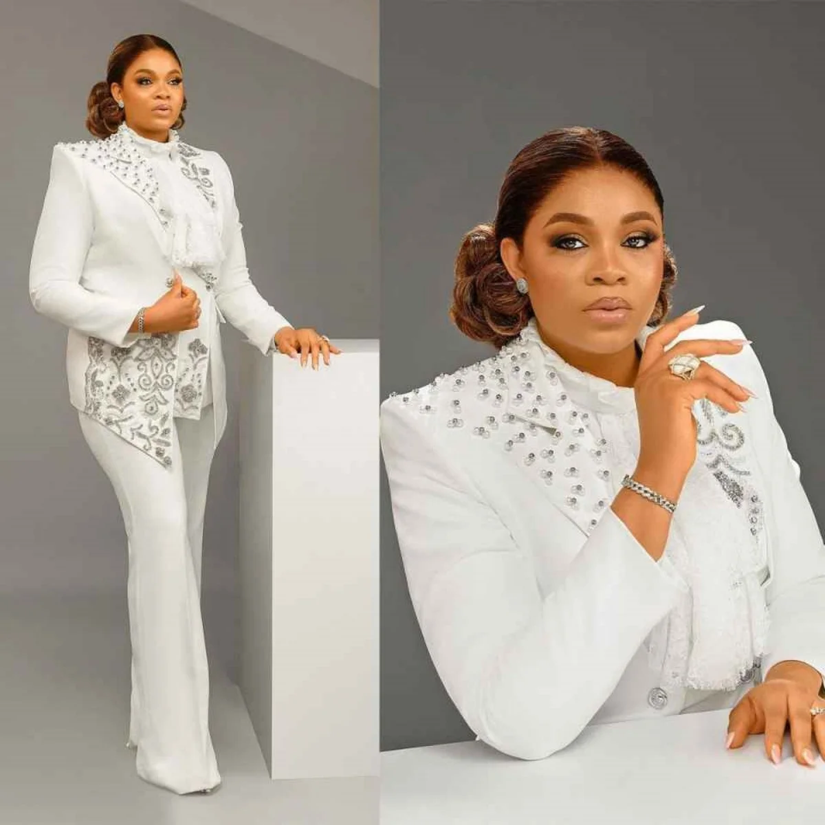 

Luxury Women Suits 2 Pieces Blazer Pants Single Breasted Appliques Crystal Pearls Formal Banquet Party Plus Size Customized