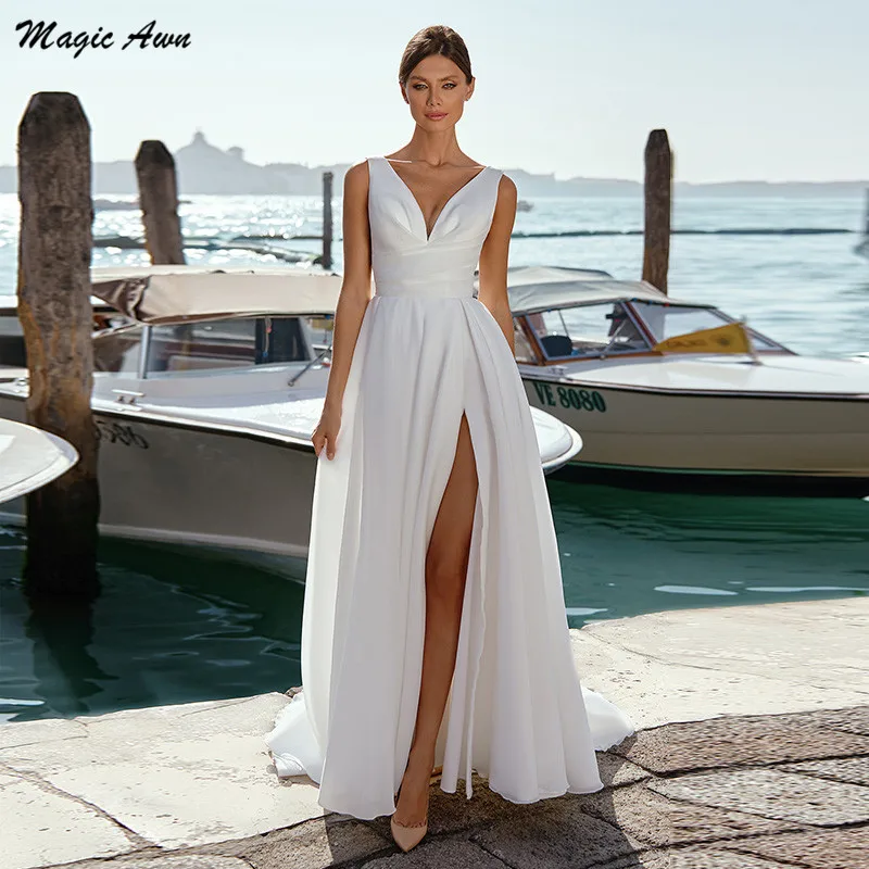 

Magic Awn Beach Wedding Dresses With Side Split Simple White Illusion V-Neck Boho Bridal Gowns A-Line For Women Vestidos Novia