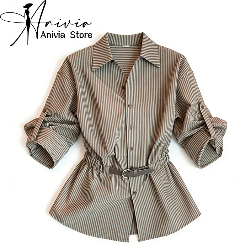 

Women's Khaki Long Striped Shirt Y2K Harajuku Aesthetic High Street Fashion 2000S Retro Casual Top Button-Up Clothing 2026 New
