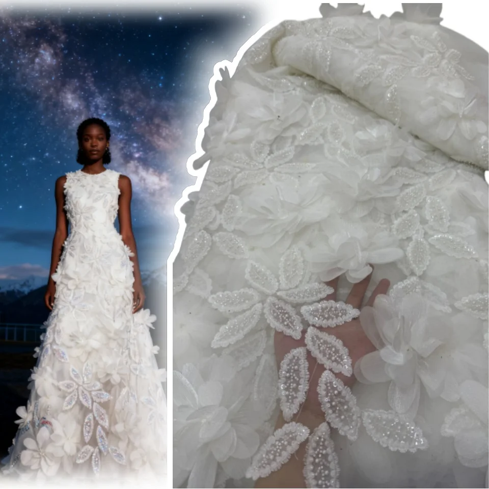 

African 3D Floral Embroidered Beaded Lace Fabric 2026 Nigerian Sequined Lace Fabric Suitable for Wedding Dresses 5 Yards 1903