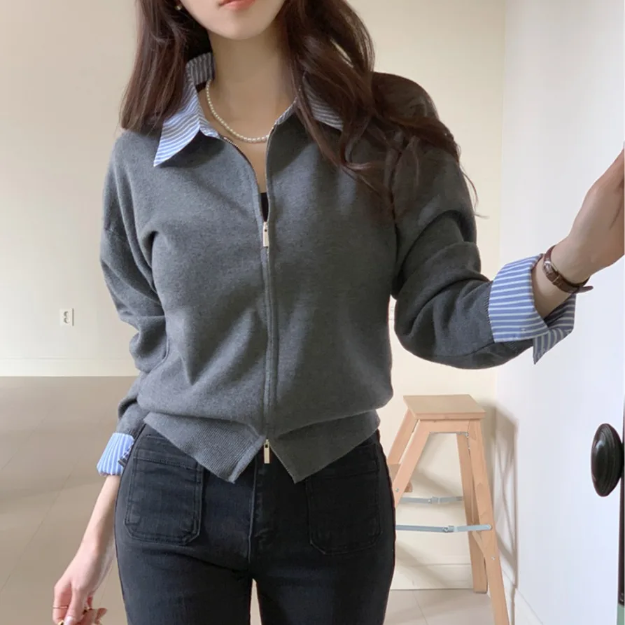 

Корейский вязаный кардиган из двух предметов с лацканами, свитер, куртка, женские ретро-шикарные кардиганы на молнии с длинными рукавами, Mujer, топы