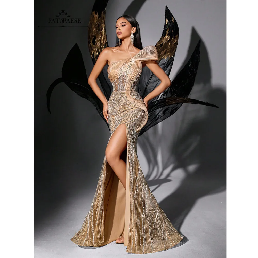 FATAPAESE Luxus-Abendkleider, glitzernde Steine, Perlen, Meerjungfrau-Abendkleider für Hochzeit, Party, glitzerndes Tüll-Abschlussballkleid mit Seitenschlitz