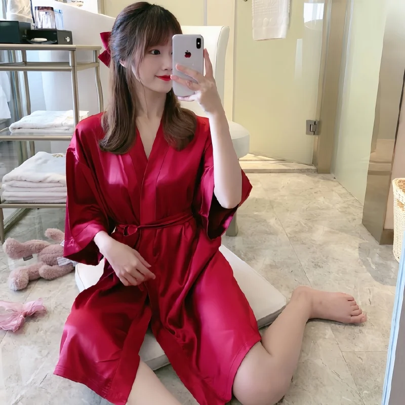 

Spring Autumn Women's Thin Ice Silk Luxury Pajamas Sexy V-neck Bathrobe Tie Up Kimonos Solid Color Loose Fitting Nightgown