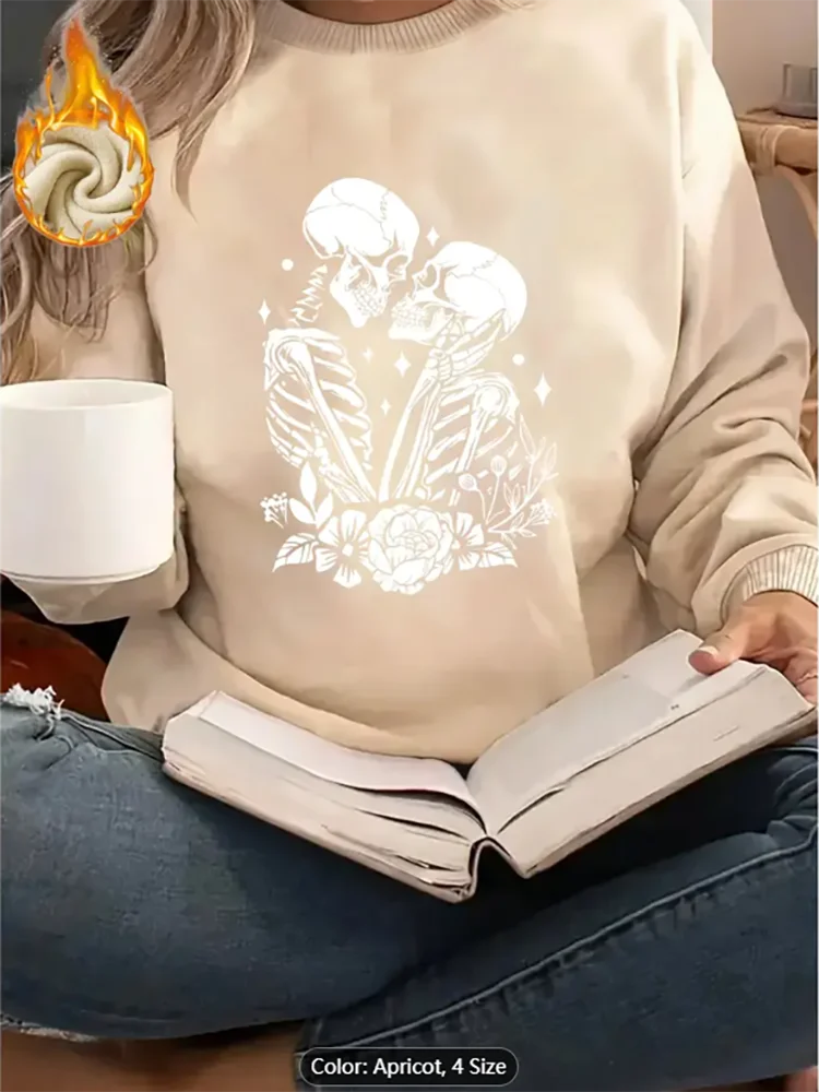 Womens Sweatshirt Skeleton Couple Floral Graphic Print Fleece Lined Casual Oversized Pullover Top for Edgy Style Lovers Cotton