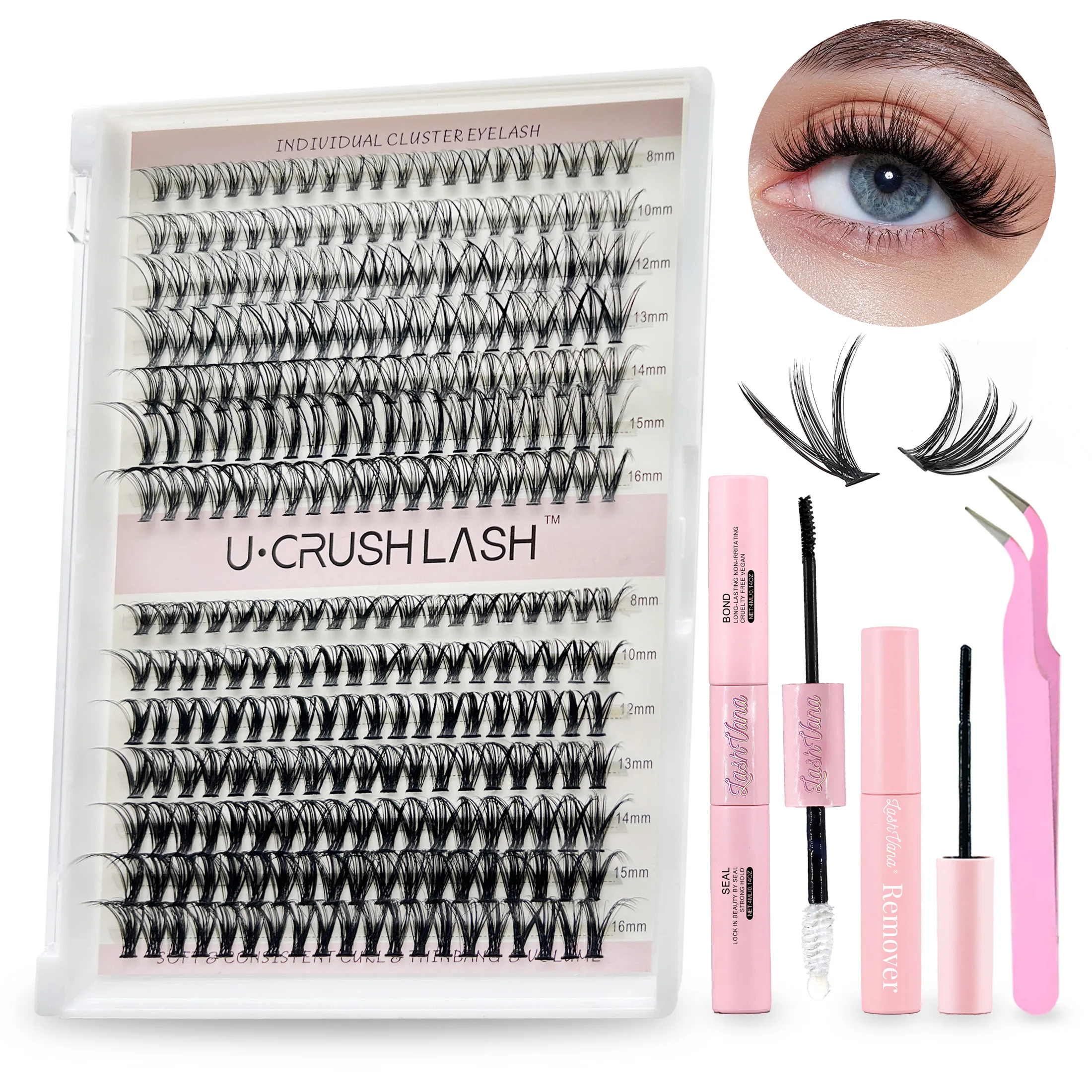 

DIY Cluster Extension Lashes Kit 240 Bunches Individual Lashes Set Wispy Fluffy False Eyelashes with Glue and Tweezer