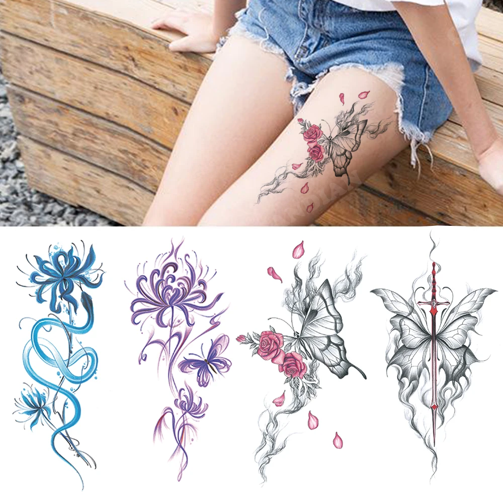 Colorful Snake Flower Waterproof Temporary Tattoo Sticker Beauty Women Butterfly Daffodil Rose Lotus Arm Paint Fake Tattoos